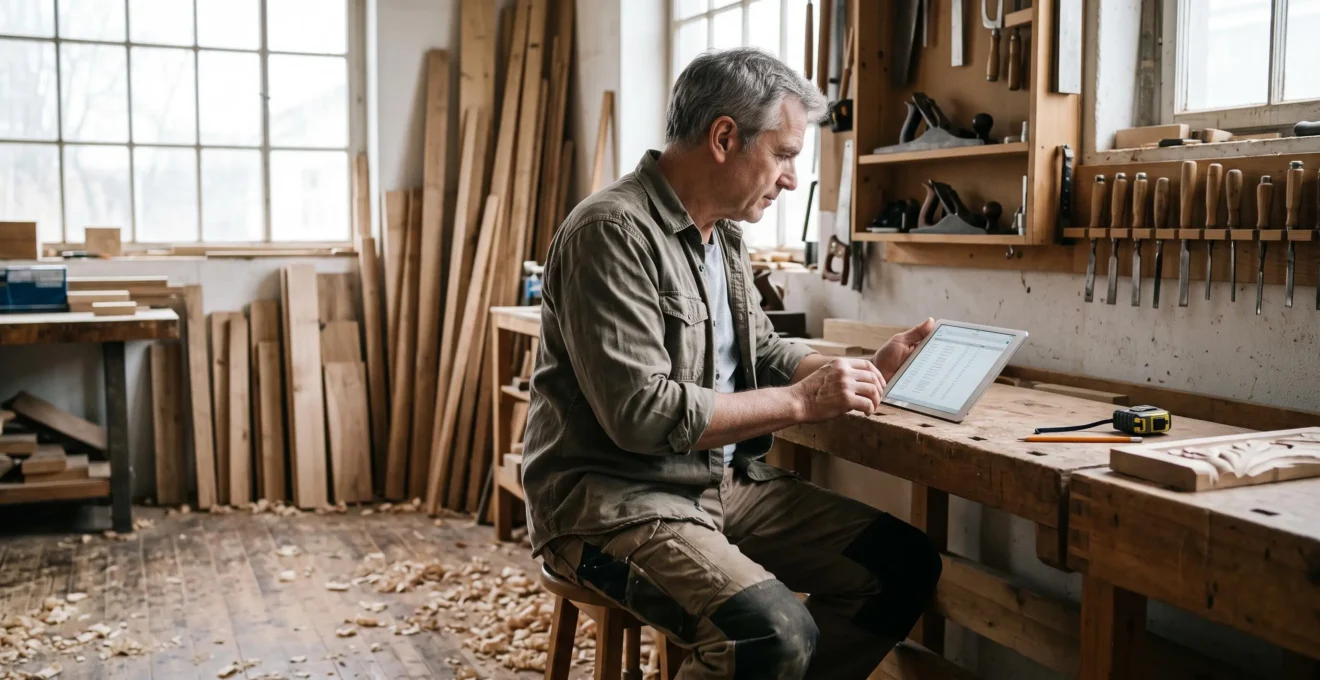 Artisan menuisier dans son atelier consultant une tablette pour la gestion de ses factures, établi avec outils traditionnels en arrière-plan