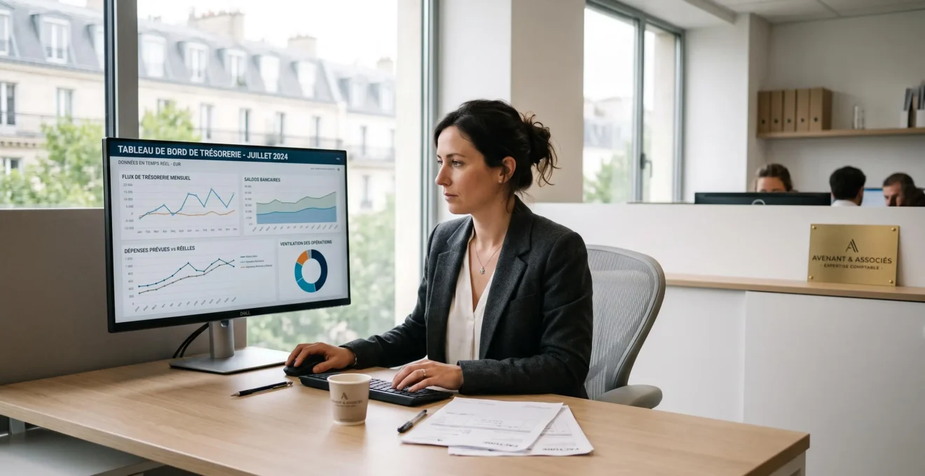 Bureau d'expert-comptable moderne avec écran affichant un tableau de bord de trésorerie en temps réel, quelques factures papier visibles sur le bureau