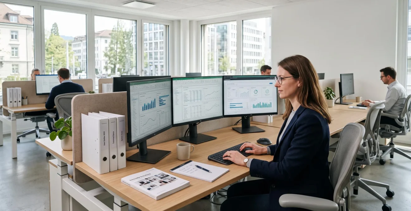 Bureau moderne avec plusieurs écrans affichant des interfaces de gestion de données produit, documentation technique organisée sur un plan de travail épuré