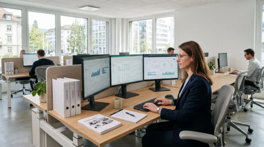 Bureau moderne avec plusieurs écrans affichant des interfaces de gestion de données produit, documentation technique organisée sur un plan de travail épuré