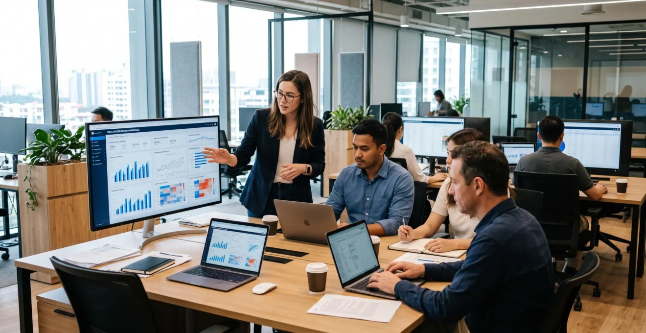 Équipe collaborative travaillant sur des écrans montrant des tableaux de bord unifiés pour la gestion des données produit