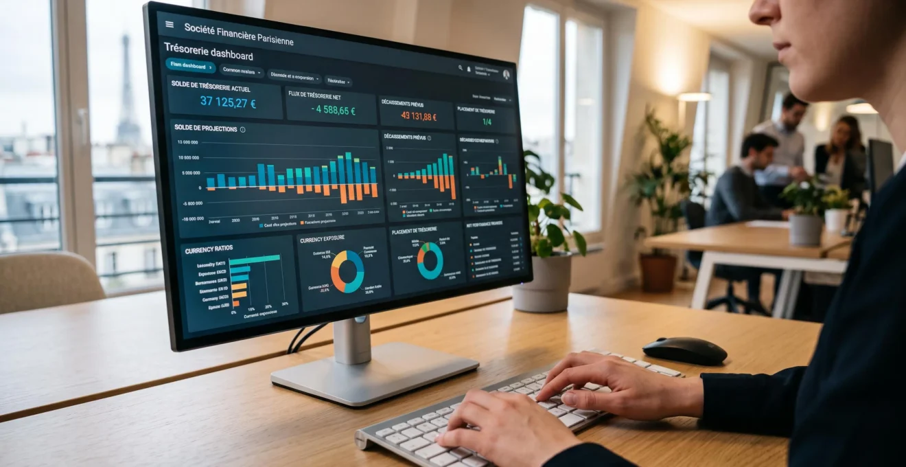 Gros plan sur écran d'ordinateur affichant un tableau de bord de trésorerie avec graphiques financiers en temps réel